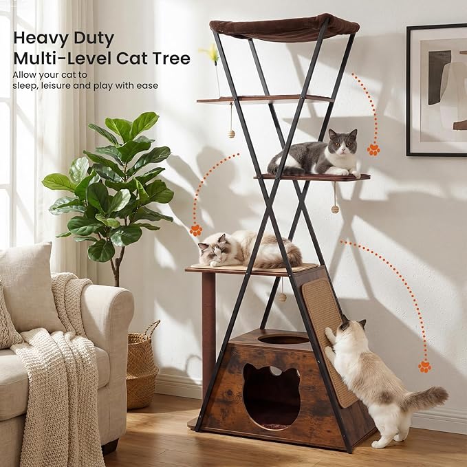 71" Modern Wood Cat Tree for Large Cats - Heavy Duty Tall Cat Tower for Indoor Cats, Multi-Level Cat Furniture with Spacious Condo, Large Perch, Scratching Posts & Hammock (Burnt Wood)