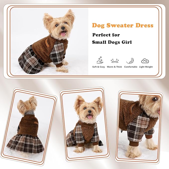 Dog Sweater Dog Clothes for Small Dogs Boy Girl Fall Puppy Dress Warm Fleece Chihuahua Yorkie Teacup Doggie Sweaters Dresses Doggy Sweater for Small Dogs Girl Cat Outfit, Brown, M