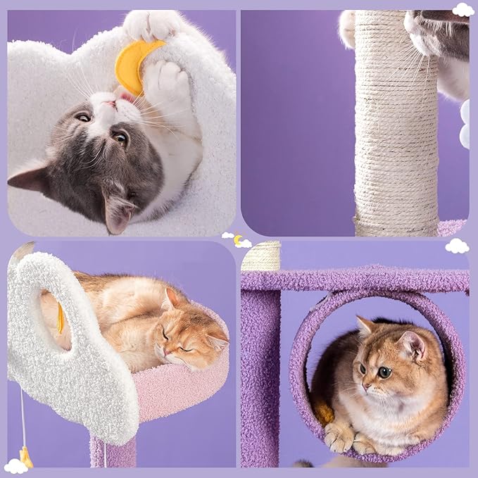 Lucky Monet 59 Inches Cat Tree for Indoor Cats, Multi-Level Cat Tower for Large Cats Cute Purple Pink Cat Tree Unique Cat Condo with Scratching Post Hammock Condo Pompom Ball Toy