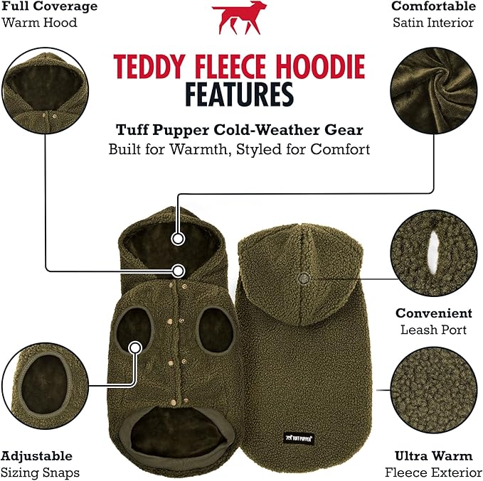 Tuff Pupper Fleece Dog Hoodie Sweater | Teddy Sherpa Outer & Soft Polar Fleece Lining | Adjustable Fit Winter Coat with Hood, Leash Hole, Ribbed Cuffs | for Small Medium Large XL XXL Dogs (Olive, M)