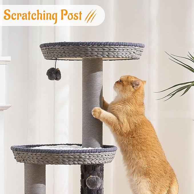 HITTITE Modern Cat Tree Tower with Scratching Post, 46 Inches Tall Cat Towers with Woven Cat Nests and Cave, Multi-Level Cat Tree With Removable Cushions and Massage Brush for Indoor Cats Large Adult.
