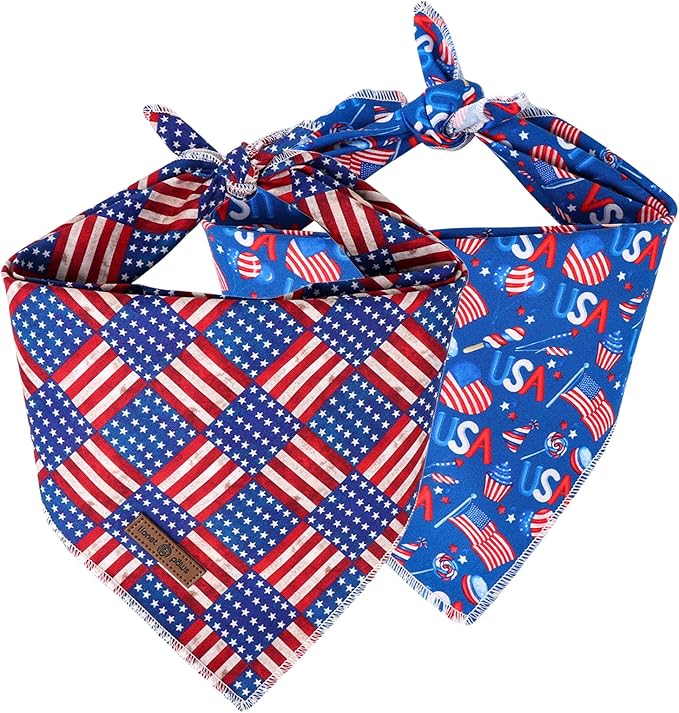 Lionet Paws 4th of July Dog Bandanas 2 Pack, American Washable Triangle Bibs Scarf Kerchief, Adjustable Holiday Scarves for Medium Large Extra Large Pets, USA & Flag