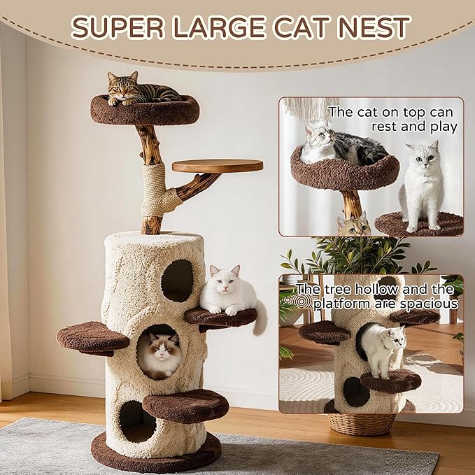 RPZ 54.7" Luxury Solid Wood Cat Tree for Small to Medium Cats – Natural Wood Scratching Post with Real Branch, Cozy Hideout, Multiple Platforms & Elevated Perches – Ideal for 1-5 Cats, Brown & Beige