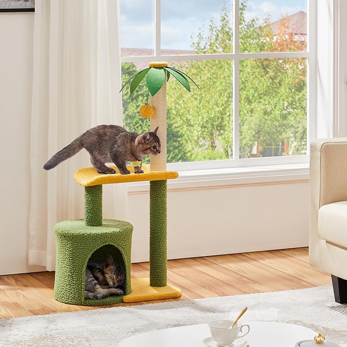 Yaheetech Cat Tree for Indoor Cats, 37in Coconut Palm Cat Tree with Green Leaves, Cat Scratching Post Cat Tower with Large Condo, Play House Activity Center with Bending Perch, Green/Yellow