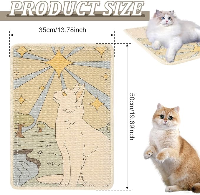 Sisal Cat Scratcher Mat, Durable and Shedding Resistant Cat Scratching Pad with Pattern, 19.69x13.78 Inch Anti Scratch Furniture Protector for Wall Couch Carpet (Yellow)