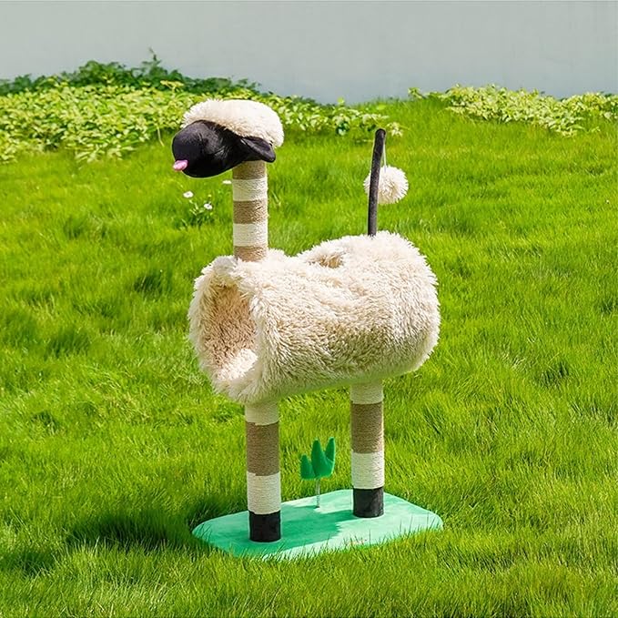 ZEZE Tunnel Cat Tree Condo for Indoor Cats, Animal-Themed Cat Tower with Cozy Tunnel Hideout, 3 Sisal Scratching Posts, Hanging Ball Toy, Thick Base (Sheep)