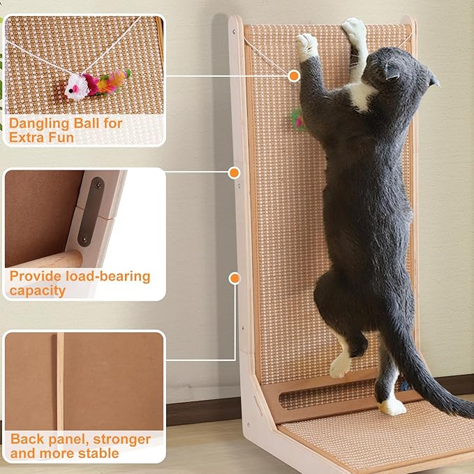 Sisal Cat Scratchers for Indoor Cats, 26.8'' L-Shape Cat Scratching Board, Solid Wooden Cats Scratch Pad with Mouse Toy, Large Cats Scratching Posts to Protect Furniture(Vertical Scratcher)
