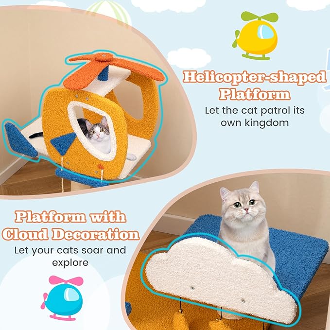 PETSITE 30-inch Aviation-Themed Cat Tree for Indoor Cats, Small Cute Cat Tree with Sisal Scratching Posts, Helicopter Top Perch, Climbing Ladder, and 3 Star-Shaped Hanging Toys