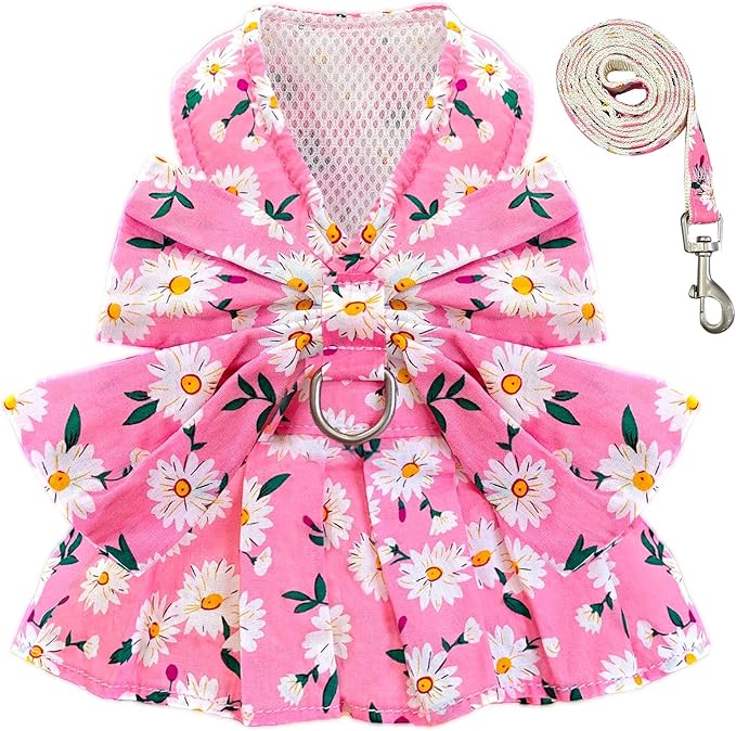 BAEJMJK Dog Dress Bowknot Harness Leash Set for Small Dogs Cats Daisy Floral Girl Dog Dresses Cute Puppy Princess Clothes Pet Doggy Outfits Spring Summer Breathable Dresses(Pink,X-Small)