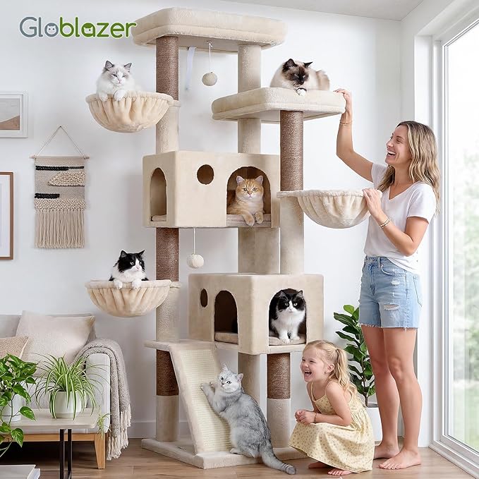 Globlazer Large Cat Tree, 72 inch Tall Cat Climbing Tower for Indoor Large Adult Cats Multi-Level Furniture Tree House with 2 Cozy Perches, 2 Padded Condos, 5 Sisal Scratching Posts, F72G, Beige