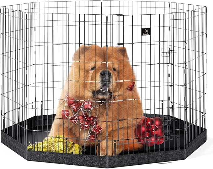 PJYuCien Dog Playpen with Bottom Pad - Metal Foldable Exercise Pen, 8 Panels 42" H x 24" W Indoor Outdoor Pet Fence Puppy Crate Kennel, Black