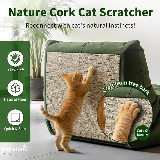 Natural Cork Cat Scratcher Mat, Self-Stick & Trimmable Furniture Protector for Couch, Door, Wall & Bed Corner, Claw-Friendly for Indoor Cats (Catnip Green, 39.4 x 11.8 Inch)