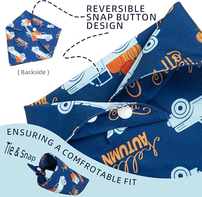 Fall Dog Bandana - Hello Fall Autumn and Pumpkin Truck - Printed Thanksgiving Holiday Pet Bandana Snap Button Triangle Scarf, Navy, Small and Medium Breed, 5-30lbs