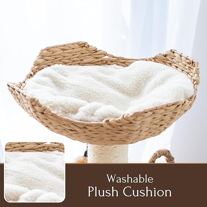 Petpals 28" High 2 Level Handwoven Paper Rope Nest Cat Bed and Large Handwoven Basket Hideaway with Washable Cushions,Replacement Natural Sisal Scratching Post for Indoor Cats