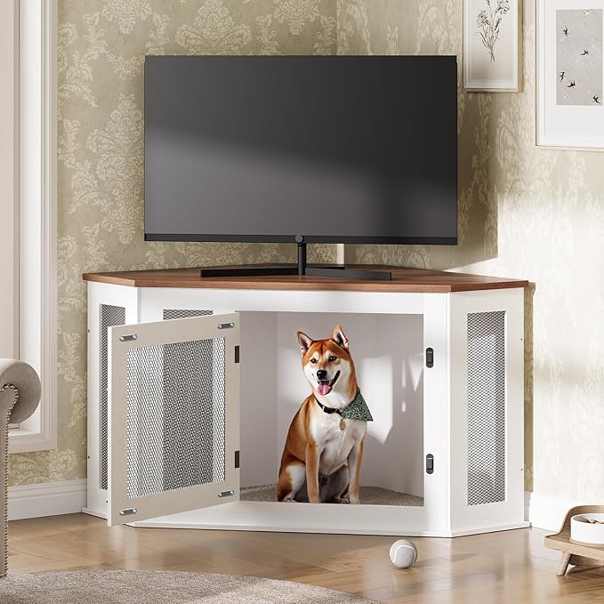 Corner Dog Crate Furniture, Wooden Dog Kennel End Table, Decorative Pet Crate Indoor Use, Furniture Style Dog House for Small Medium Dog, Dog Cage TV Stand, White and Walnut DCBA0801