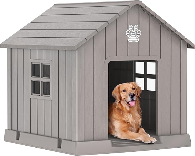 VIXZEN Dog House Outdoor, 38 Inches Weatherproof Resin Dog House Indoor Large with Air Vents & Elevated Floor, Doghouse Outdoor for Large Dogs, Easy Assembly, Versatile Storage Functionality (Grey)