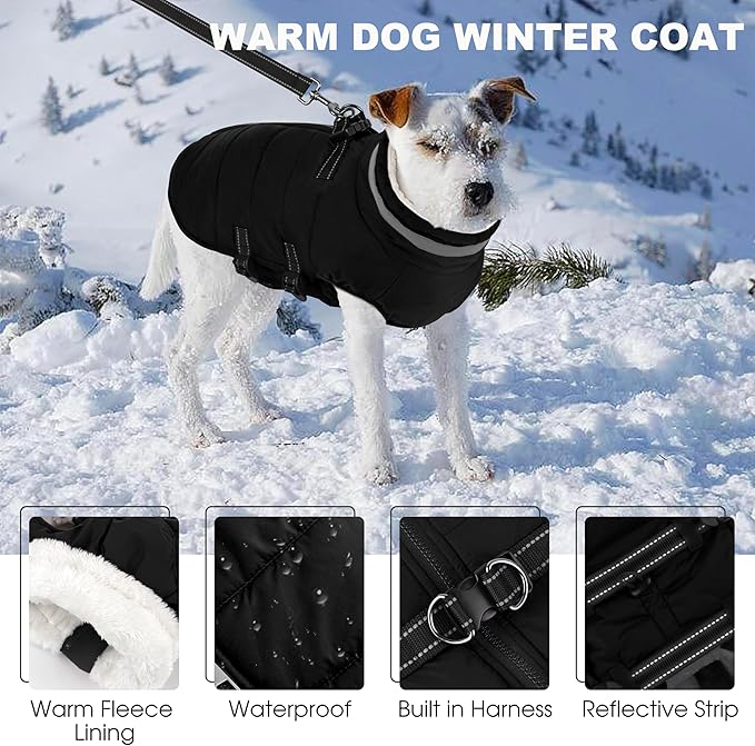 Mklhgty Large Dog Coat with Harness Built-in, Waterproof Reflective Fleece Lined - Warm Windproof Winter Jacket with Back Zipper, Cold Weather Snow Dog Coats - Black - XL