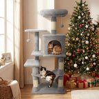 Tangkula Cat Tree Tower, 44 Inch Multi-Level Cat Tower with Sisal Scratching Posts, 2-Door Condo, Padded Top Perch & Hammock, 2 Hanging Balls, Jumping Platforms for Indoor Cats (Light Gray)