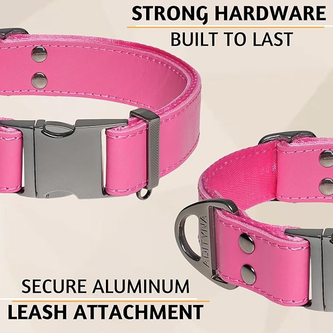 ADITYNA Pink Leather Dog Collar with Metal Buckle - Heavy-Duty, Adjustable for Medium & Large Girl Dogs (Pink, Fits 15-21" Necks)