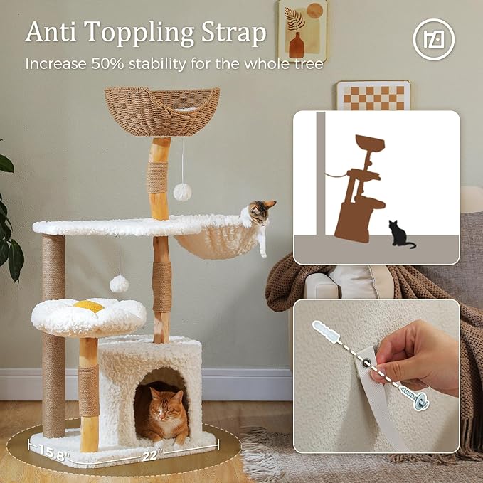 PETEPELA Modern Cat Tree Tower for Indoor Large Cats w/Removable Flower Perch, Real Solid Wood Cat Scratching Posts, Boho Ratten Cat Furniture w/Cozy Condo & Wicker Basket Bed, White