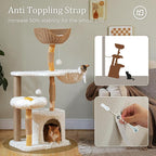 PETEPELA Modern Cat Tree Tower for Indoor Large Cats w/Removable Flower Perch, Real Solid Wood Cat Scratching Posts, Boho Ratten Cat Furniture w/Cozy Condo & Wicker Basket Bed, White