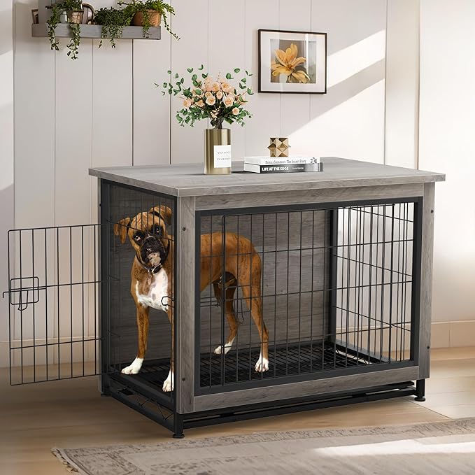 JY QAQA Dog Crate Furniture, Wooden Dogs Crate Table, Double-Doors Dog Furniture, Indoor Dog Kennel, Dog House, Dog Cage/Grey/XL