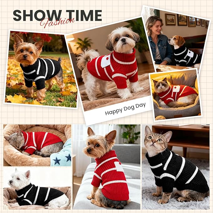Small Dog Sweater with Cute Pocket Decoration, Striped Soft Stretchable Warm Puppy Clothes for Small Dogs Cats, French Bulldog, Chihuahua for Winter