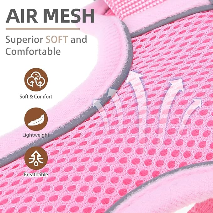 PUPTECK Small Dog Harness and Leash Set, No Pull Adjustable Puppy Cat Harness, Reflective Soft Mesh Pet Vest Small Sized, Pink, XS