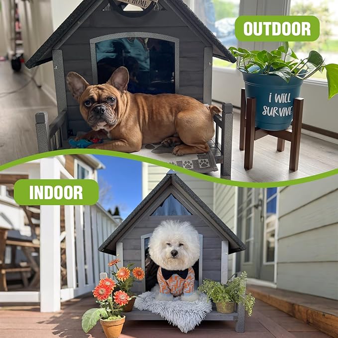 GUTINNEEN Outdoor Dog House Insulated Weatherproof Dog Kennel with Anti-Bite Metal Frame, Puppy Shelter with Insulated Liner and Porch for Small, Medium Large Dogs (Grey, 45’’ Medium)