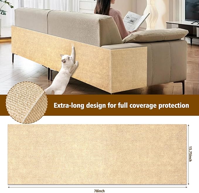 Cat Scratch Furniture Protector – DIY Climb Scratch Mat,Cat Scratch Pad, Couch Protector from Cat Claws, Trimmable Self-Adhesive Carpet for Indoor Sofa, Furniture (Beige, 78.7" x 15.8")