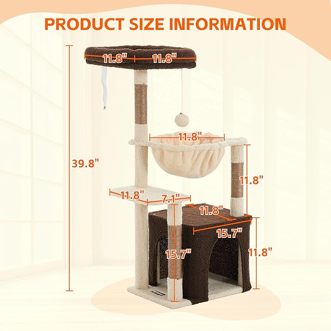 Cat Tree for Indoor Cats, 39.8-inch Cat Tower with 2 Plush Perches for Play & Rest, 1 Cozy Hideaway, Dangling Toy & Full Sisal Scratching Posts for Indoor Cats, Brown