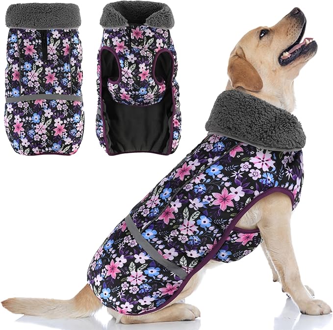 Doglay Dog Coat, Waterproof Dog Jacket Pet Winter Coat for Cold Weather with Thicken Furry Collar, Reflective Puppy Winter Jacket Warm Fleece Lining for Small Medium Large Pets
