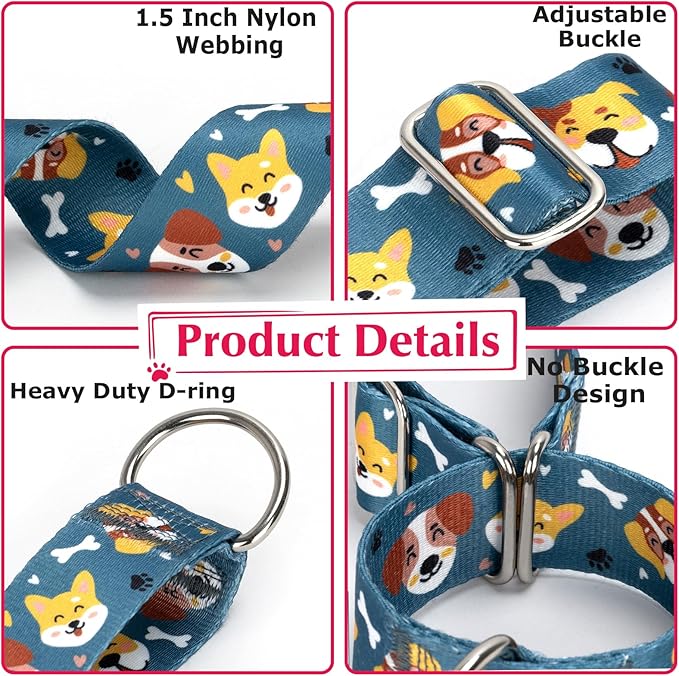 1.5 Inch Wide Dog Collar - No Pull Martingale Collar for Large Dogs, Escape Proof & Thick Adjustable Training Collar for Medium, Large & XL Dogs(Cartoon Dog L)