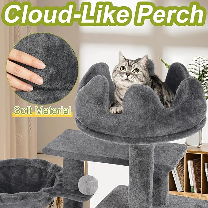 Cat Tree Tower with Metal Frame Hammock, 40'' Cat Trees for Indoor Cats Large Adult, Cat Towers with Scratching Post, Cats Condo Furniture with Cloud Top Perch, Cats Climbing Tower for Kittens(Grey)