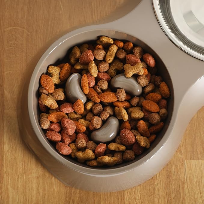 Gibson Home Curious Canines Slow Feeder Dog Bowl Set, Double Bowl with Stainless Steel Insert, Melamine Base, Anti-Gulp Feeding, Food & Water Station, Dishwasher Safe, Taupe