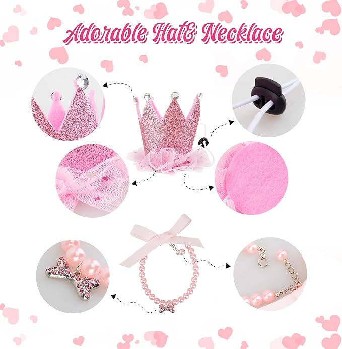 Dog Birthday Outfit Pink Tutu Dogs Birthday Party Supplies Dog Birthday Hat Necklace and Bowtie Hairpin for Dogs (16-23 inch Wrist)