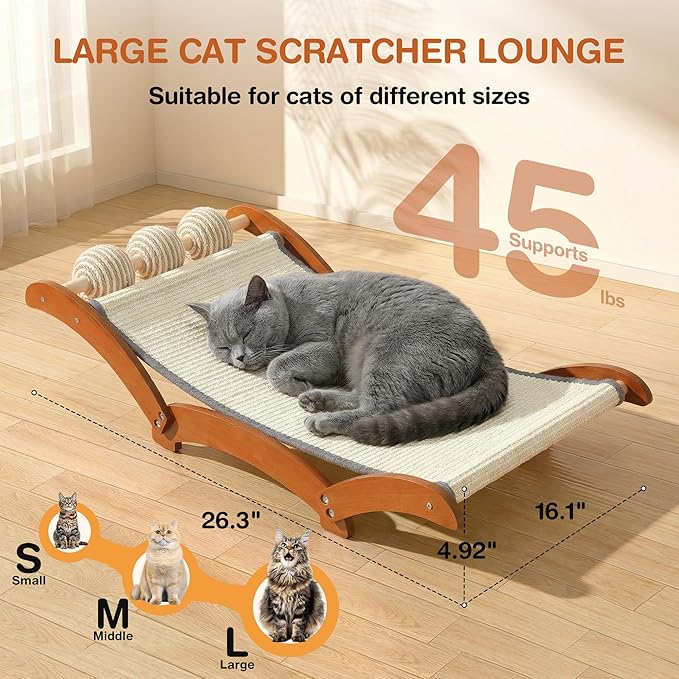 3-in-1 Extra-Large Cat Scratcher Bed with 3 Interactive Sisal Balls, Solid Wood Scratching Post Lounge with Toy, Sturdy Hammock for Large Cats to Sleep, Scratch & Play