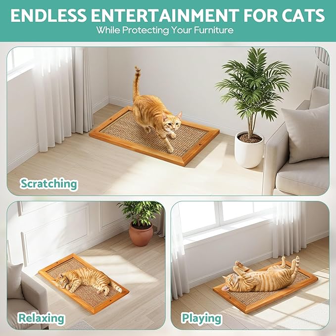 Cat Scratching Post, Wooden Sisal Cats Wall Scratcher, Floor or Wall Mounted Vertical Cat Scratch Pad for Indoor Cats Adults or Kittens, Scratching Board Cat Wall Furniture Protector