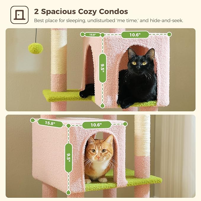Flower Cat Tree, 62-Inch Tall Multi-Level Cat Tower with Scratching Posts, Cat Condos for Large Indoor Cats, Plush Cat Bed w/Padded Perches, Scratching Pad & 2 Green Pompoms, Pink