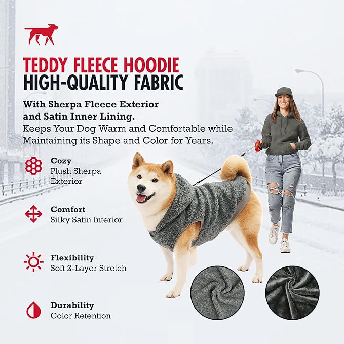 Tuff Pupper Fleece Dog Hoodie Sweater | Teddy Sherpa Outer & Soft Polar Fleece Lining | Adjustable Fit Winter Coat with Hood, Leash Hole, Ribbed Cuffs | for Small Medium Large XL XXL Dogs (Grey, M)