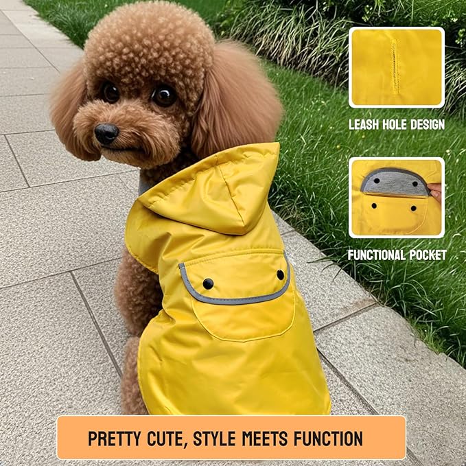 Dog Raincoat Small Dogs Rain Jacket Waterproof Pet Clothes Reflective Poncho Rainwear Winter Warm Lined Pocket Hooded Leash Hole Adjustable for Puppy,Yellow,S,Back Length 8.6 Inch