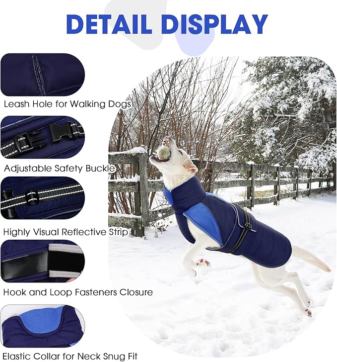 Nanaki Small Dog Coats for Winter Waterproof, Warm Fleece Lining Dog Jacket with Leash Hole, Reflective Cold Weather Puppy Jacket Vest, Easy On Pullover Pet Snow Jacket Male Female, Bulldog, Blue M