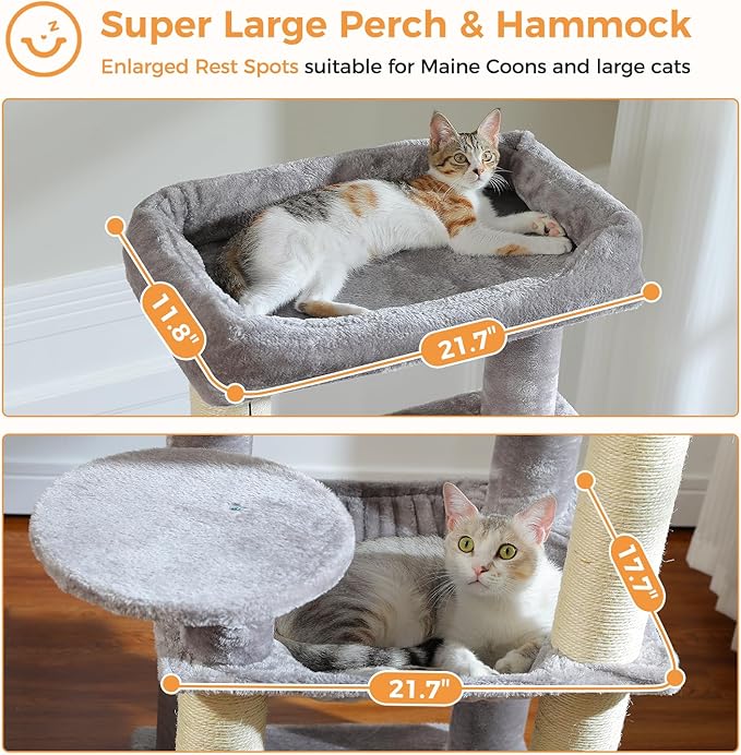 PETEPELA 58" Large Cat Tree for Big Adult Cats up to 25 lbs, Heavy Duty Cat Tower w/Extra-Thick Scratching Posts [φ3.9”], XL Hammock & Spacious Condo, Study Cat Furniture for Maine Coons, Grey