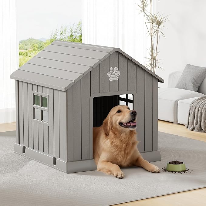 Bifanuo Dog House for Outdoor & Indoor Use with Window, Waterproof Ventilated Kennel with Elevated Floor, Easy to Clean Shelter for Small Medium Large Dogs (Grey, 37.2" L x 40" W x 40" H)