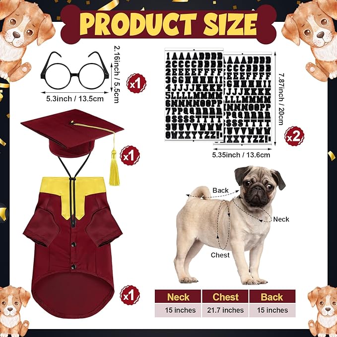 5 Pcs Dog Graduation Costume Set Include 2026 Pet Graduation Gown with Stole Puppy Grad Cap Lensless Glasses DIY Letter Stickers for Dogs Cats Holiday Costume Accessory(Maroon Yellow,M)