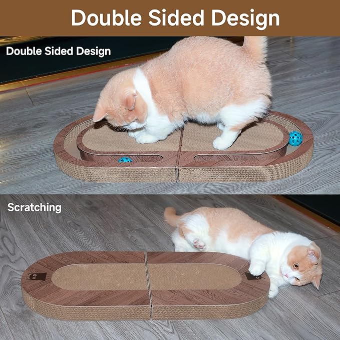 Cat Scratcher, 26 Inch Cat Scratching Post, Foldable L Shape Cat Scratch Pad with Ball Toy, Interactive Cat Toys for Indoor Cats