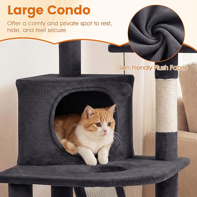 PETSITE 44-inch Multi-Level Cat Tree, Modern Cat Tower with Sisal Scratching Posts, Cozy Condo, Playful Cat Hole, Sisal Covered Ladder, and Dangling Ball, Ideal for Indoor Cats and Kittens (Dark Grey)