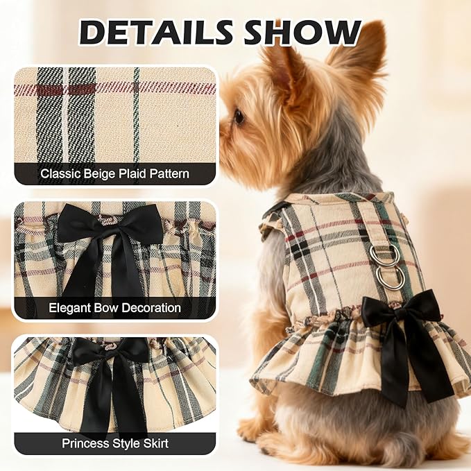 EXPAWLORER Dog Harness Small Medium Sized Dogs, Plaid Dog Dress Bowknot Harness and Leash Set, No Choke No Pull Soft Mesh Vest Cute Princess Puppy Outfits Clothes Costume for Girls Party Cats Beige M