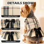 EXPAWLORER Dog Harness Small Medium Sized Dogs, Plaid Dog Dress Bowknot Harness and Leash Set, No Choke No Pull Soft Mesh Vest Cute Princess Puppy Outfits Clothes Costume for Girls Party Cats Beige M