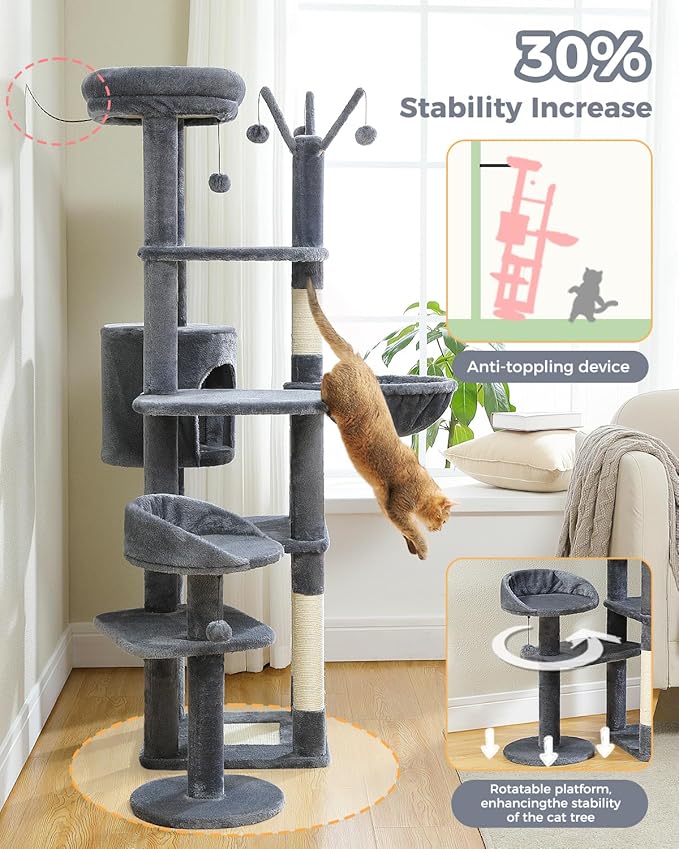 59" Cat Tree, Cat Tower for Large Cats, Multi-Level Cat Tower with 3 Removable Pompom Sticks, Cat Tree for Indoor Cats, Cat Condo with Large Hammock, Scratching Post, and 2 Perches, Dark Gray